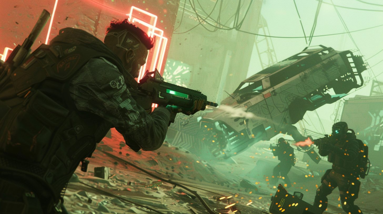 A squad firefight beside a crashed dropship in Decimated